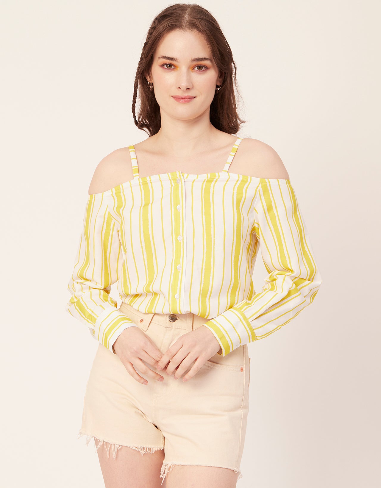 Printed Off-Shoulder Button Top