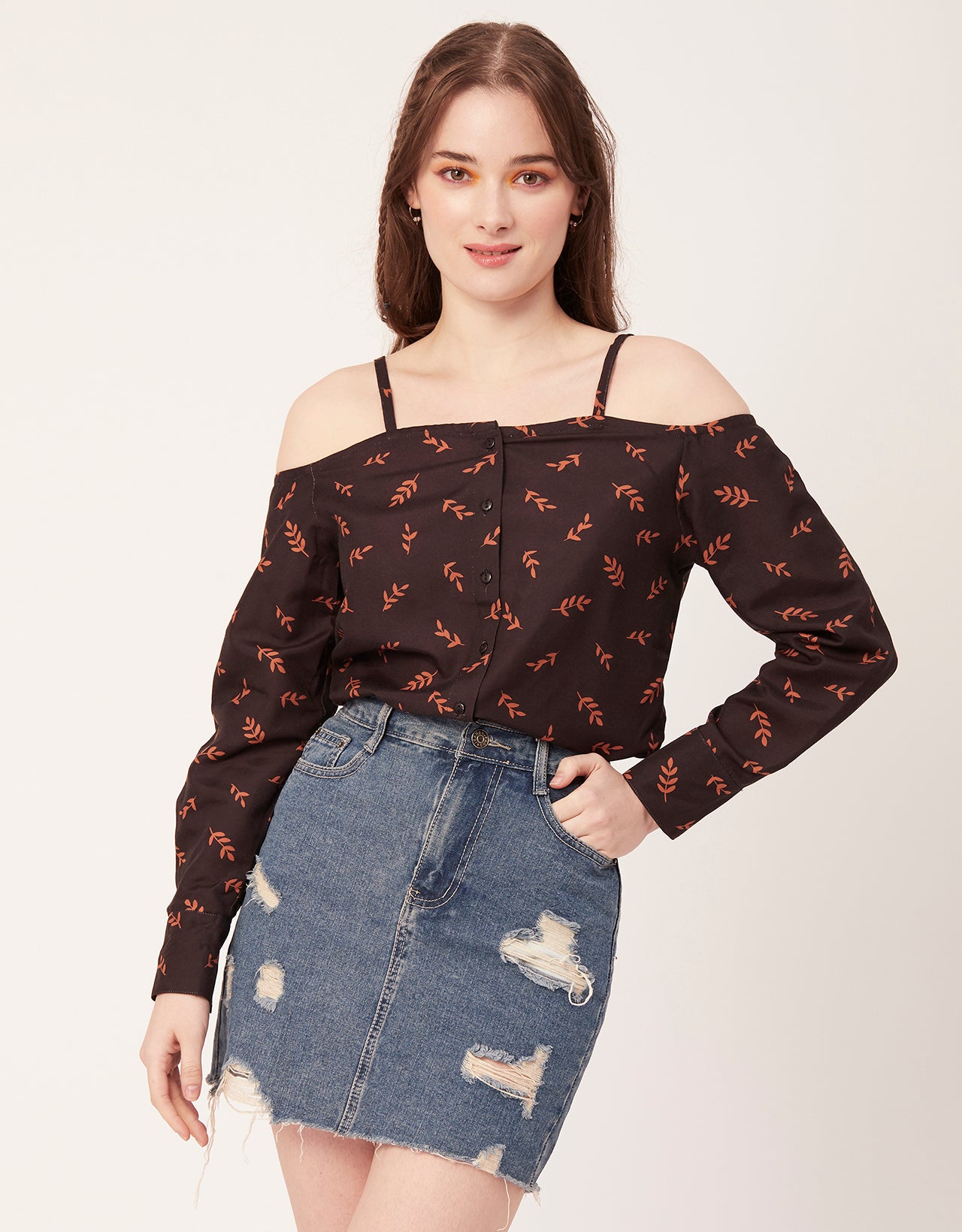 Printed Off-Shoulder Button Top