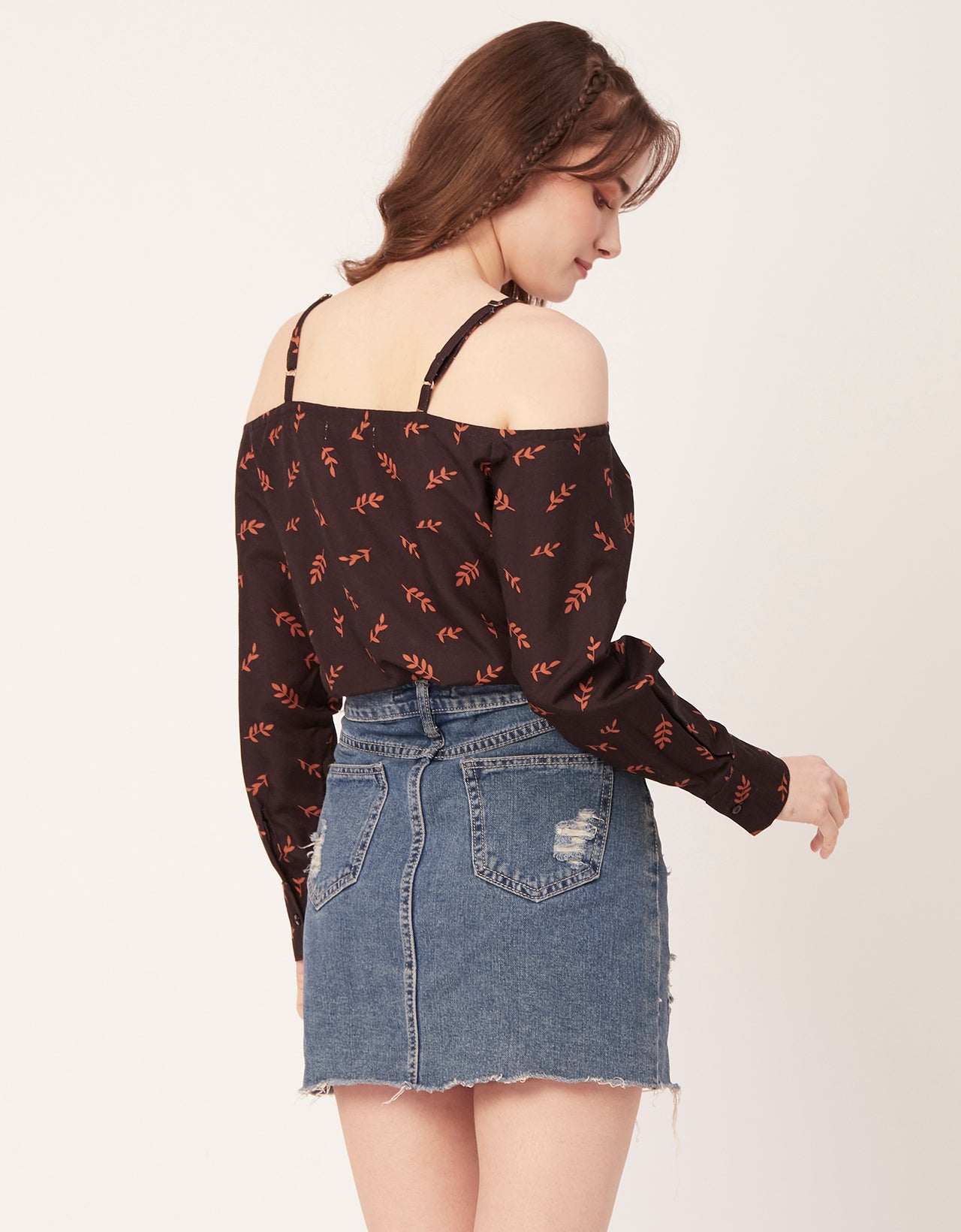 Printed Off-Shoulder Button Top