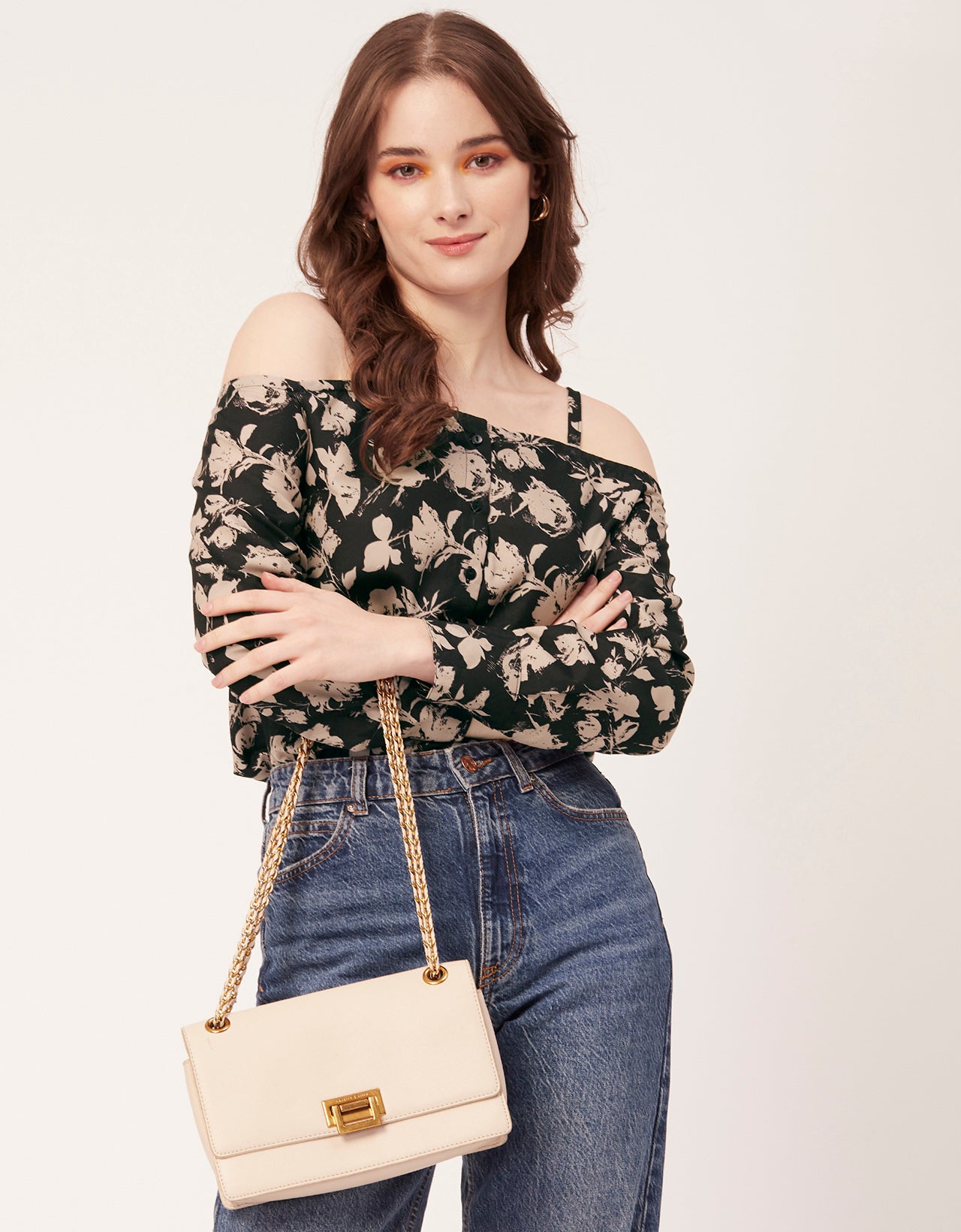 Printed Off-Shoulder Button Top