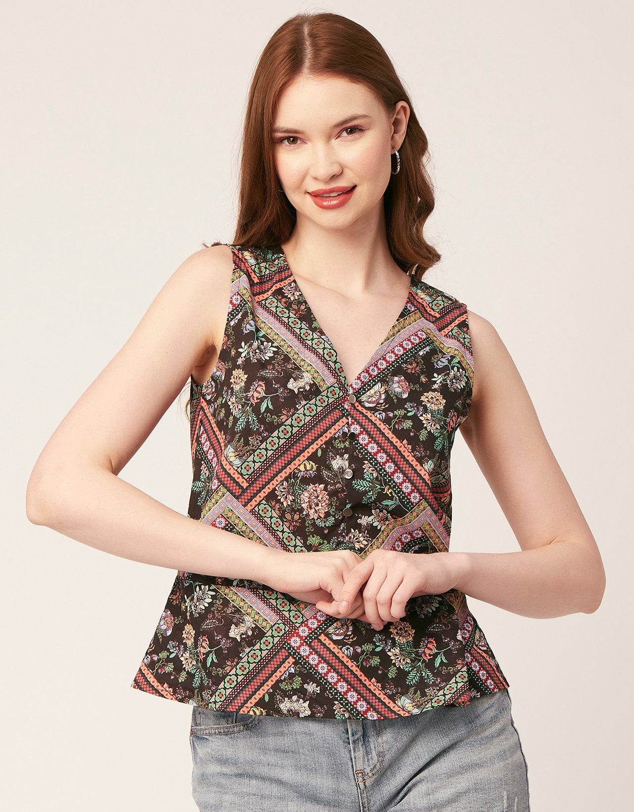 Printed V-Neck Tank Top