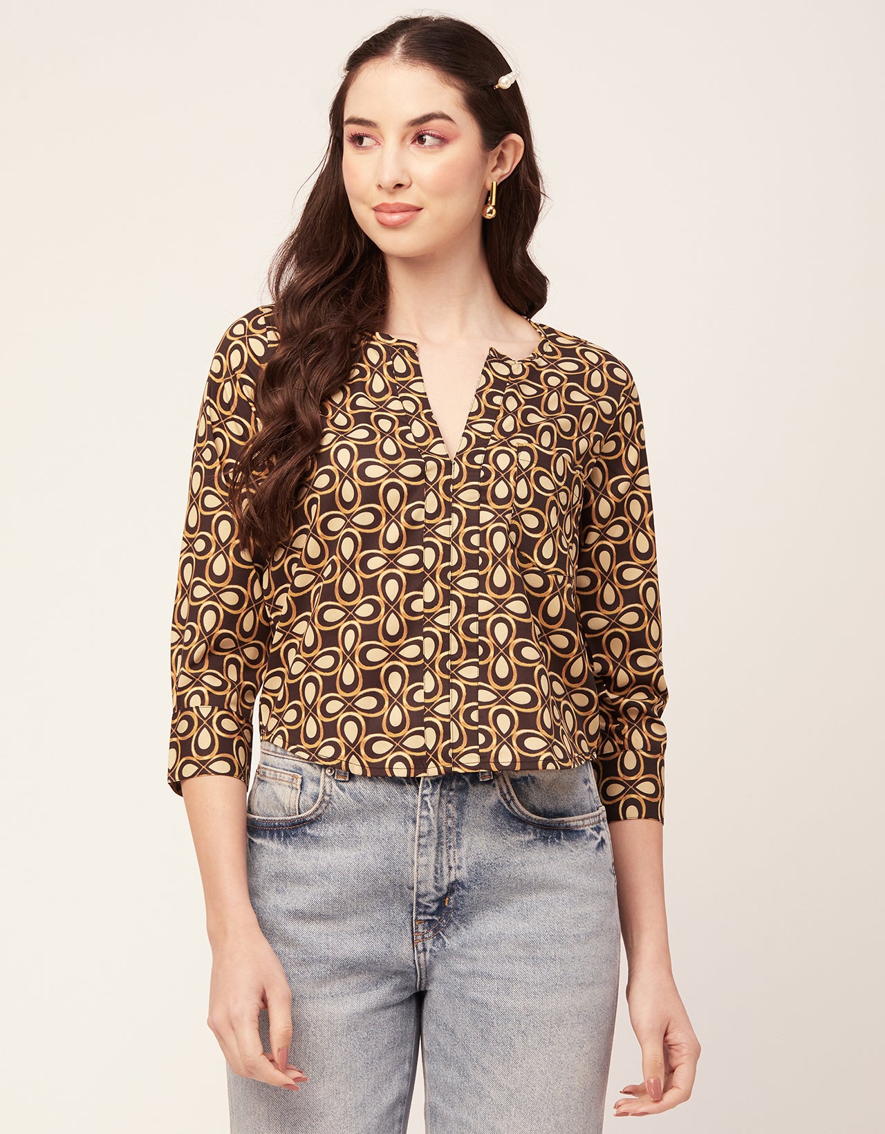 Printed V Neck Short Top