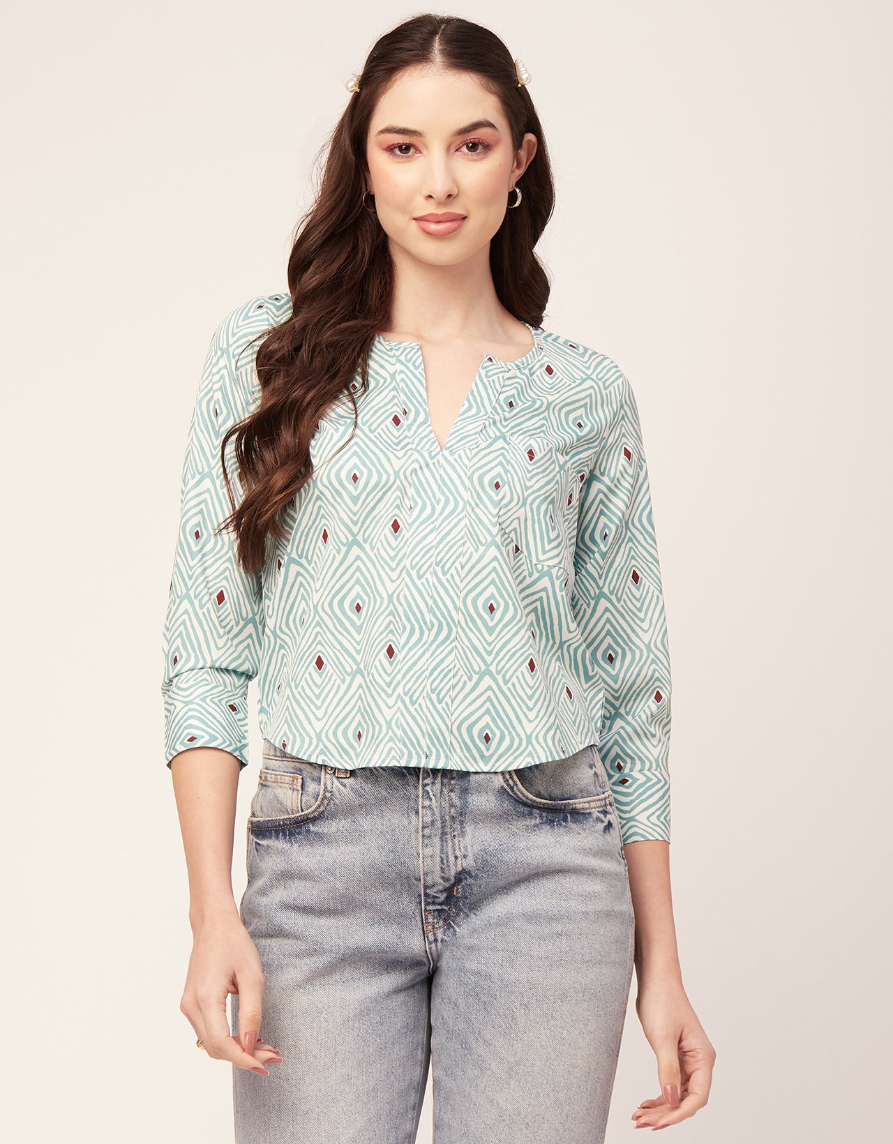 Printed V Neck Short Top