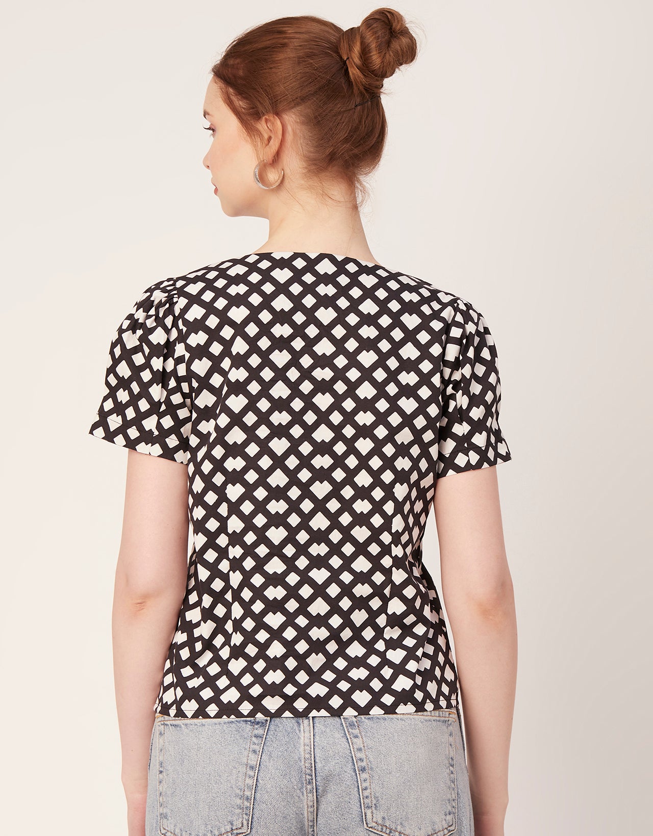 Printed V Neck Puff Sleeve