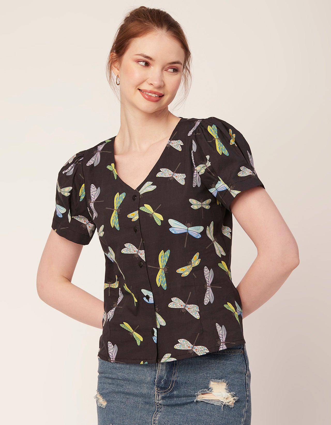 Printed V Neck Puff Sleeve