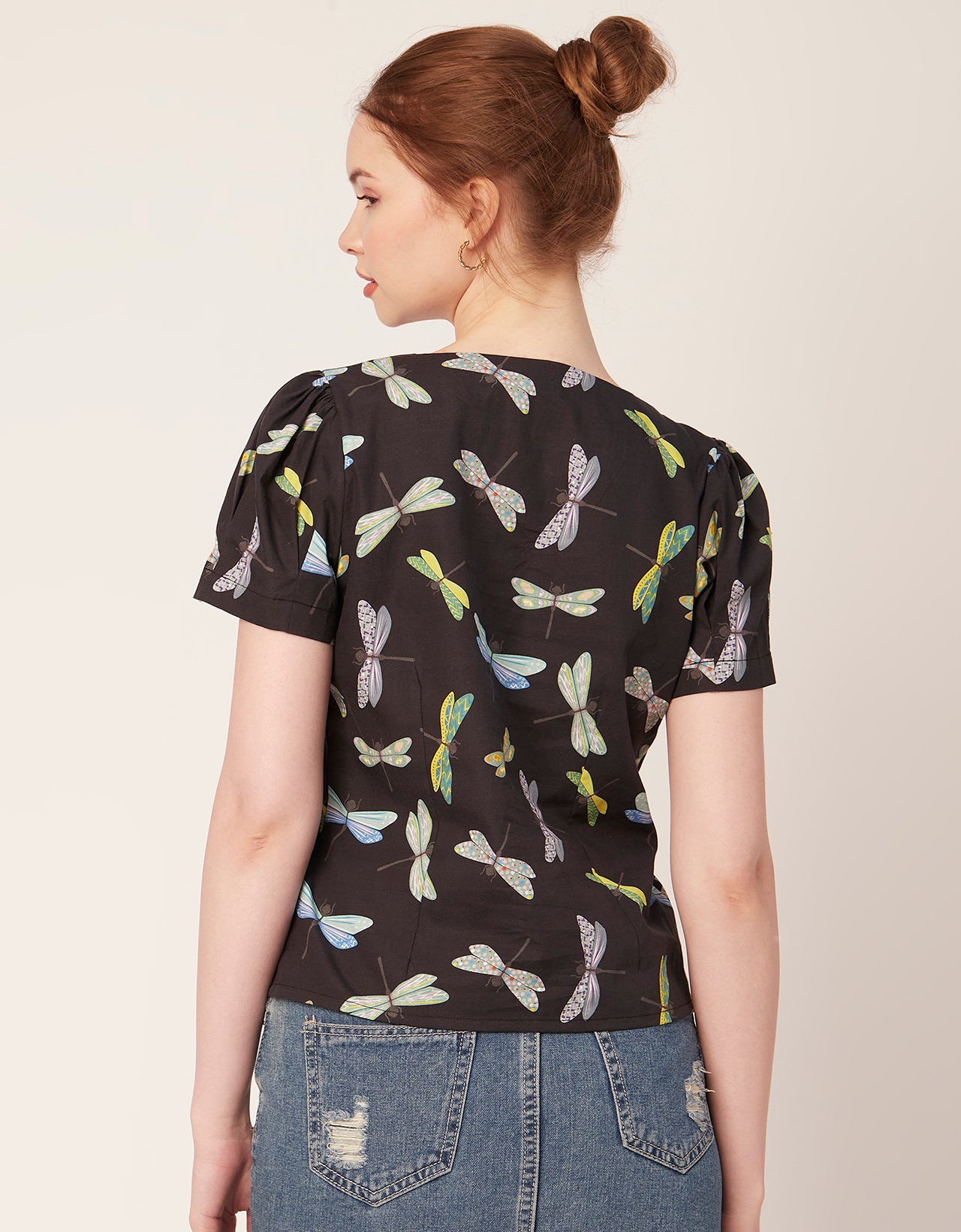 Printed V Neck Puff Sleeve