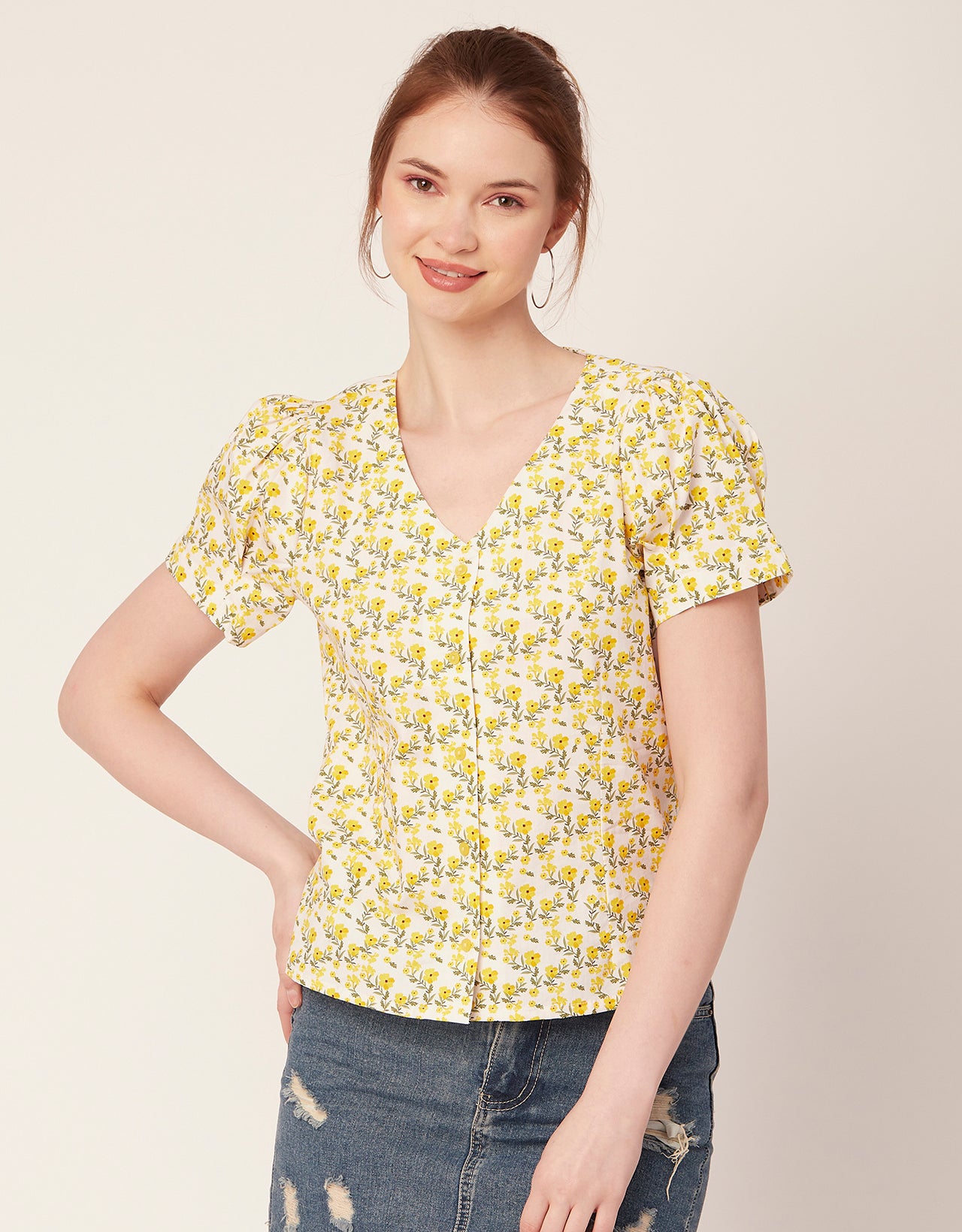 Printed V Neck Puff Sleeve