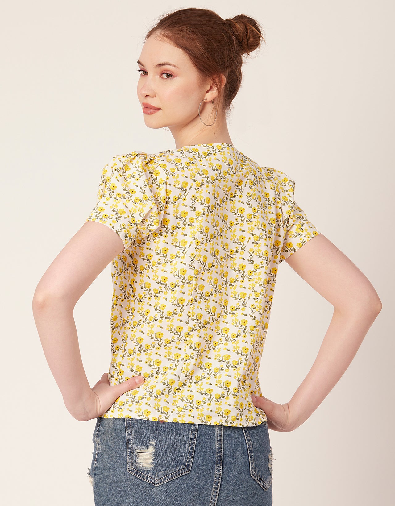 Printed V Neck Puff Sleeve