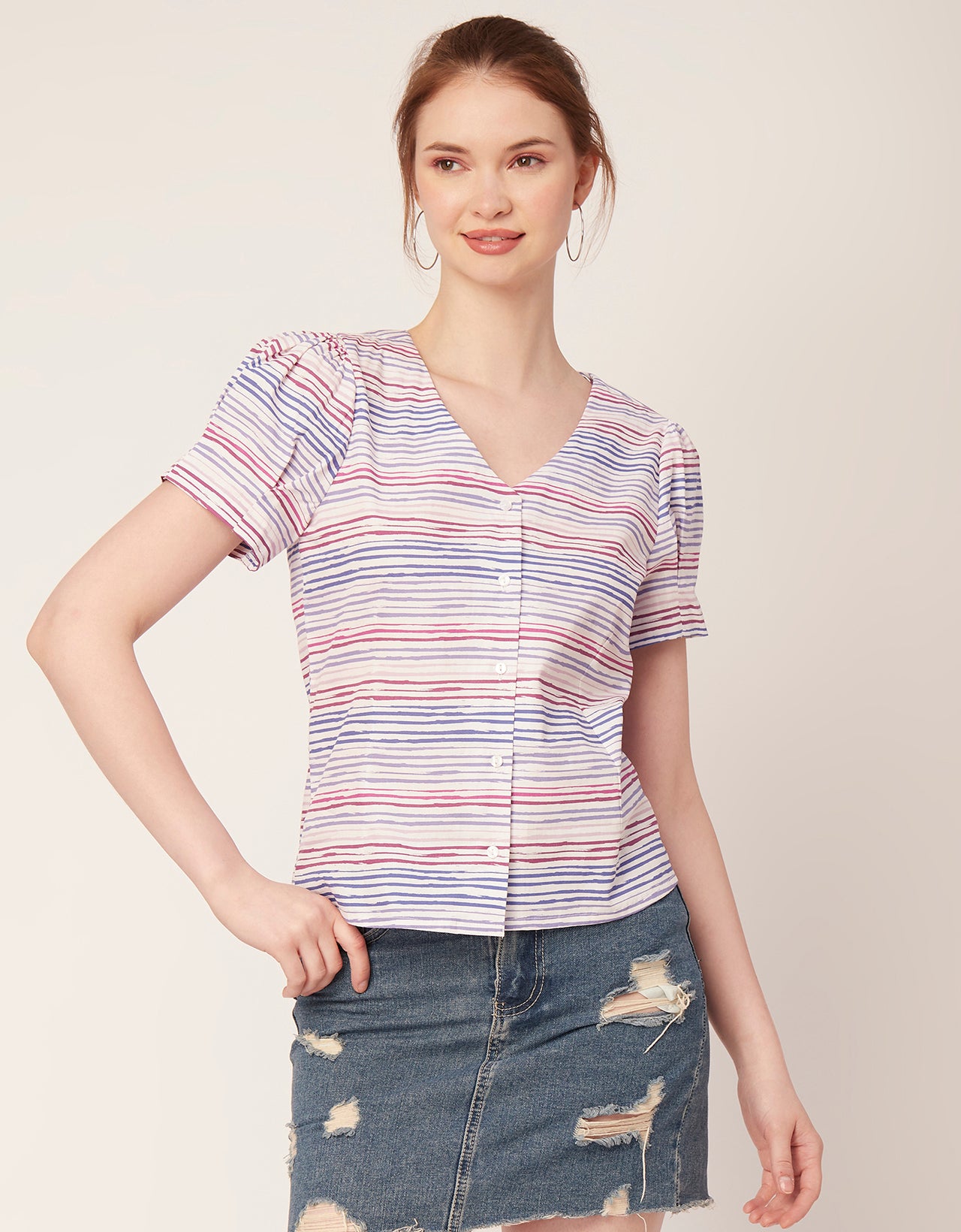 Printed V Neck Puff Sleeve