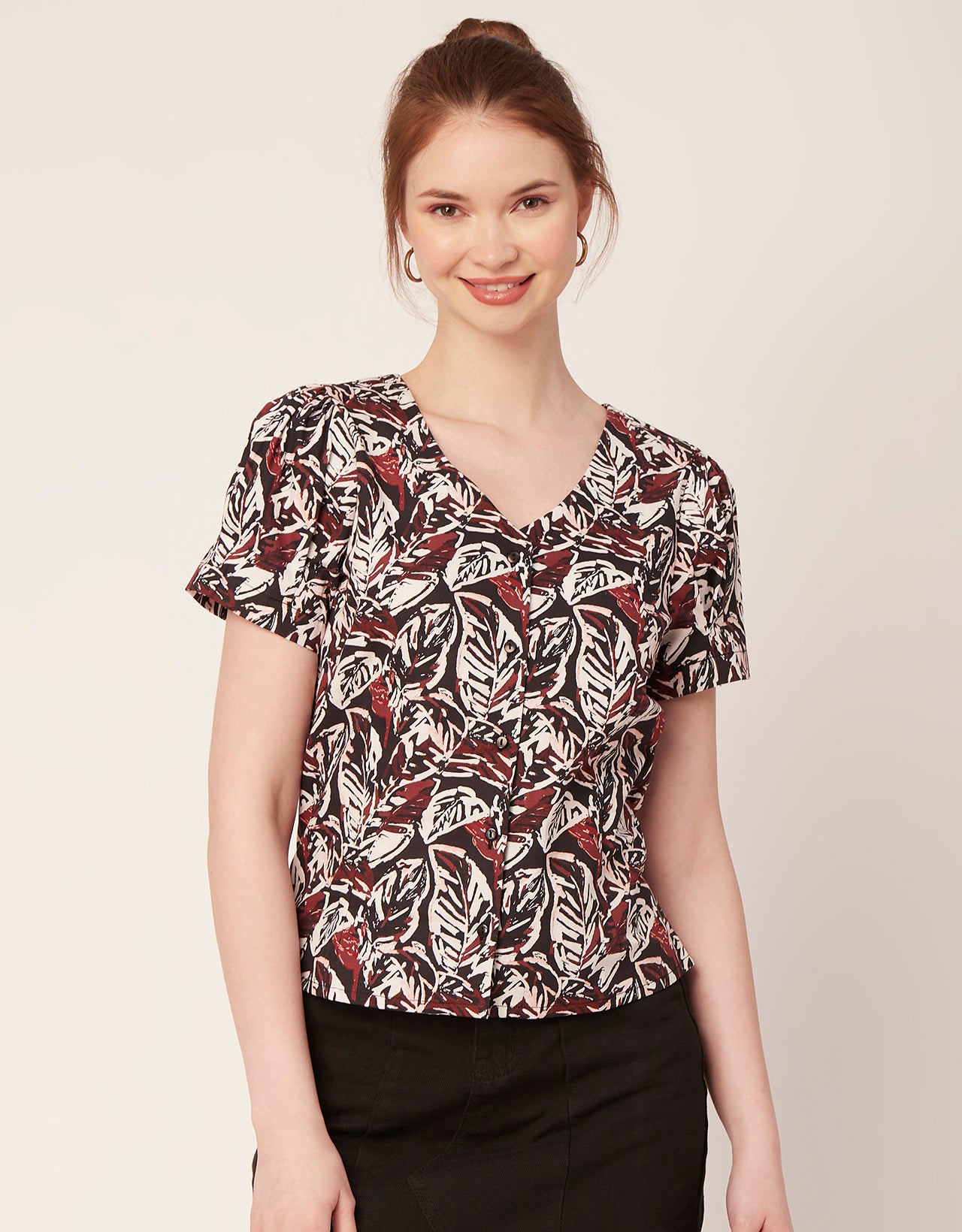 Printed V Neck Puff Sleeve