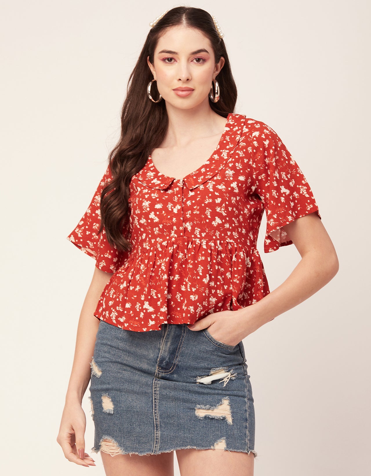 Printed Peplum Flutter Top