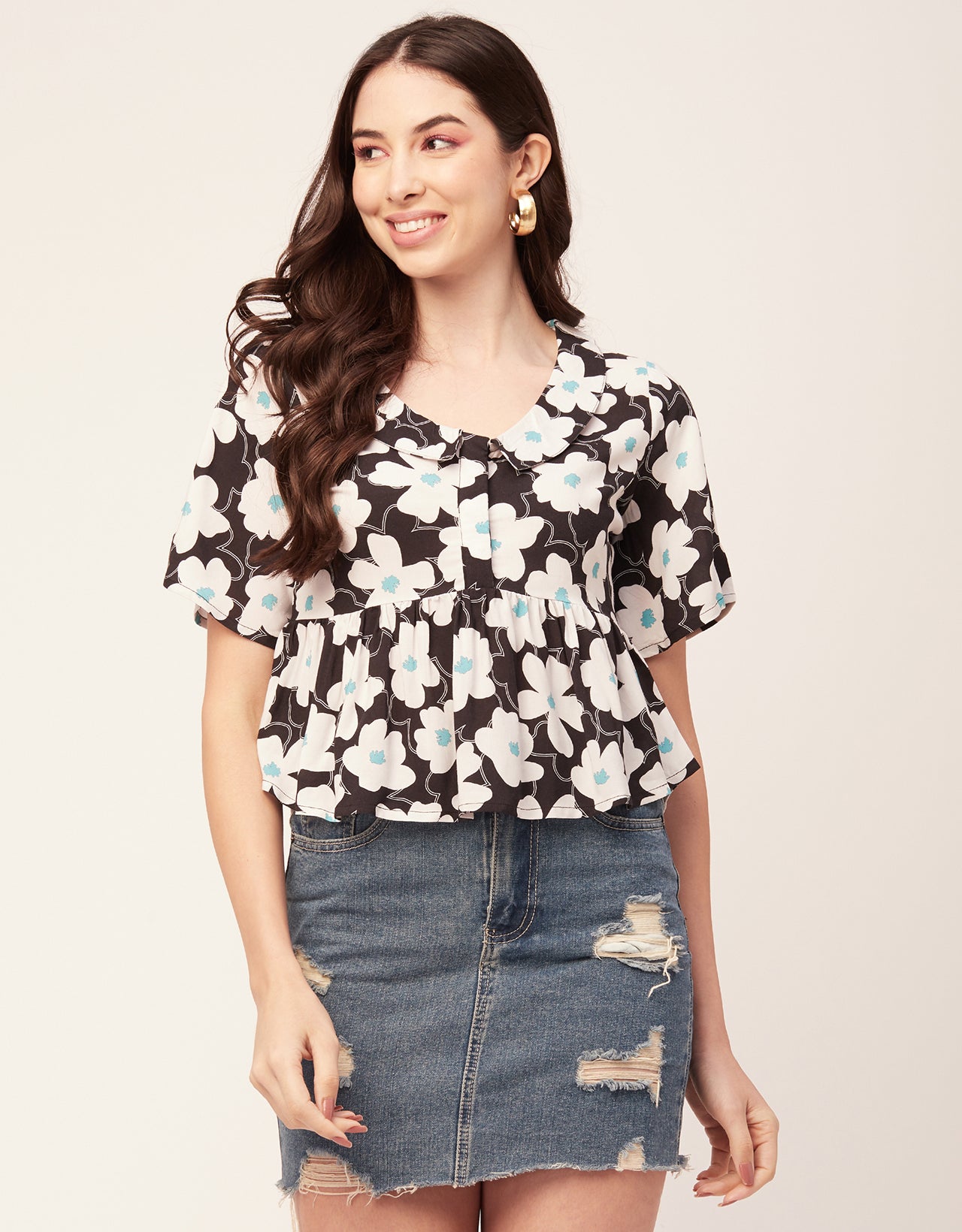 Printed Peplum Flutter Top