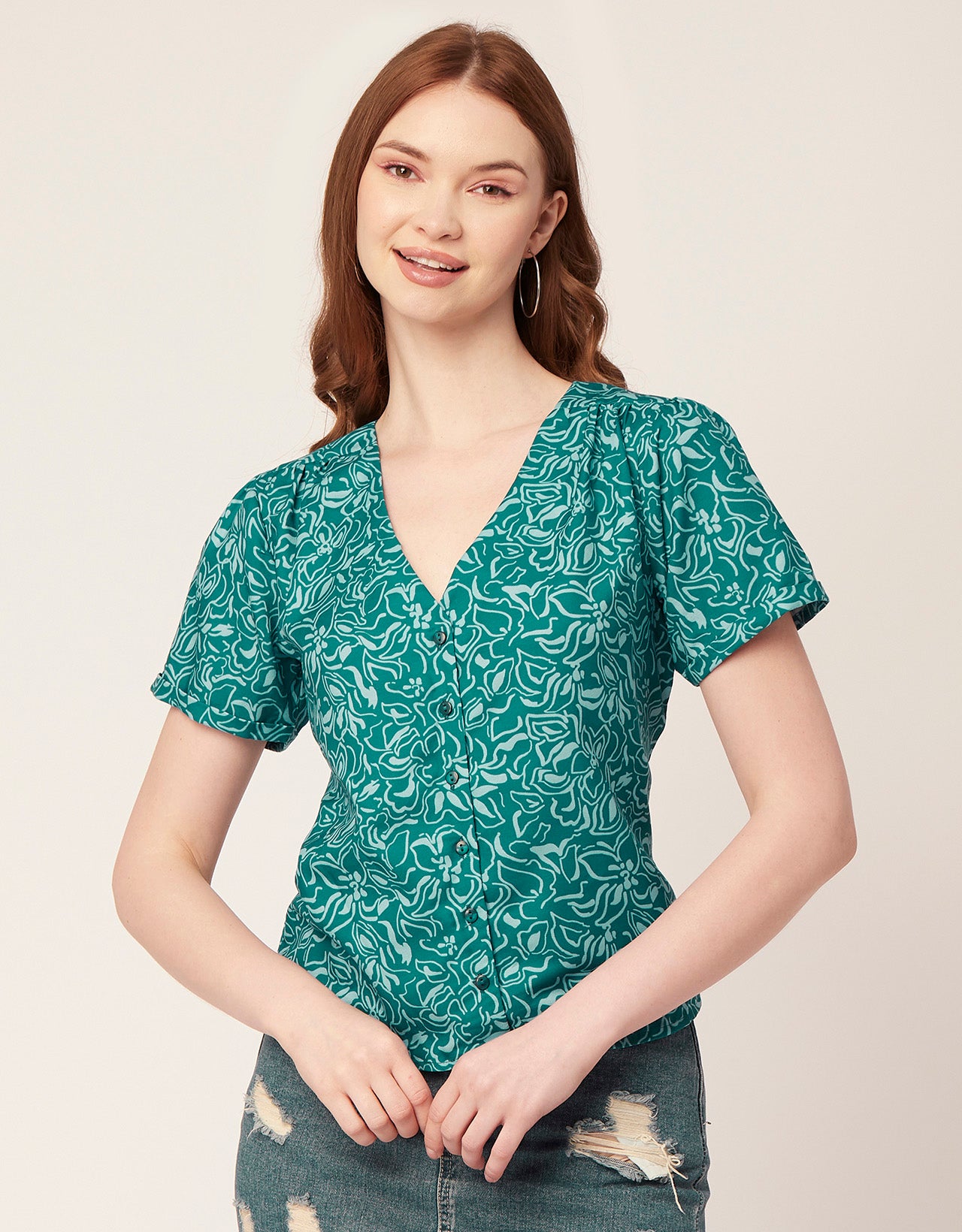 V-Neck Button Crop Top