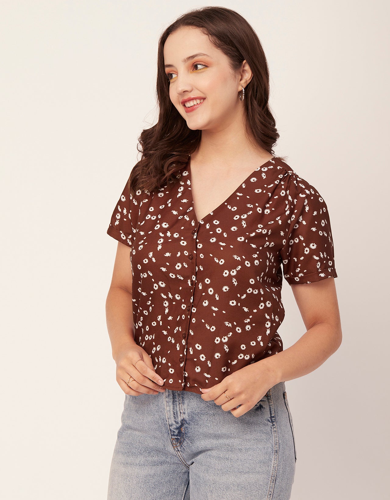 V-Neck Button Crop Top