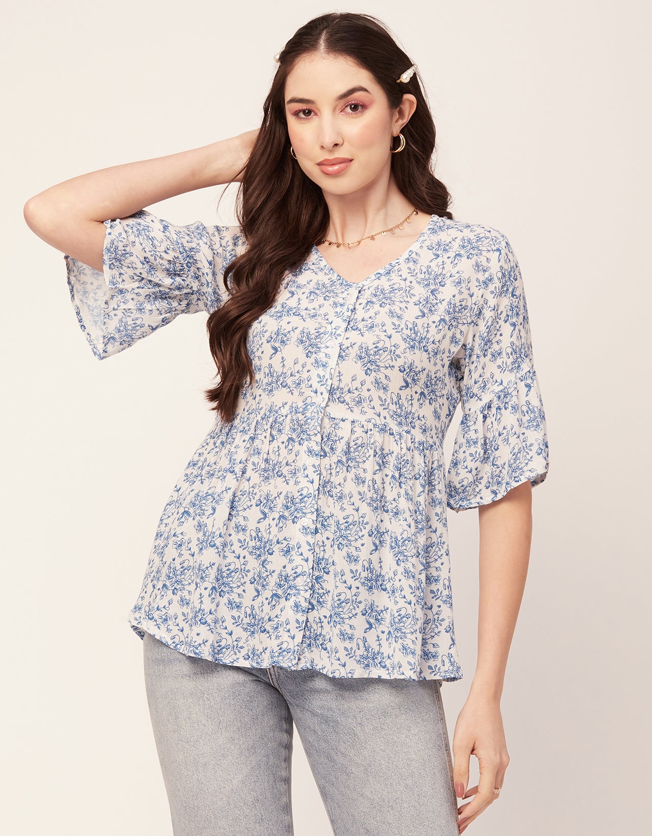 Printed V Neck Flutter T
