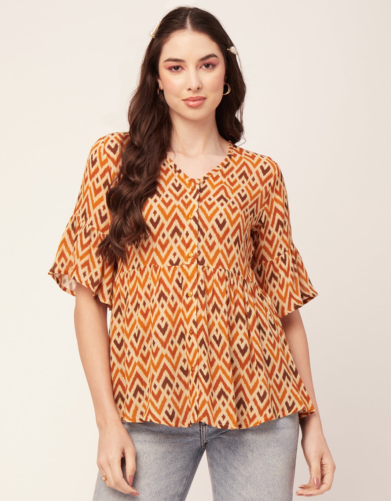 Printed V Neck Flutter T