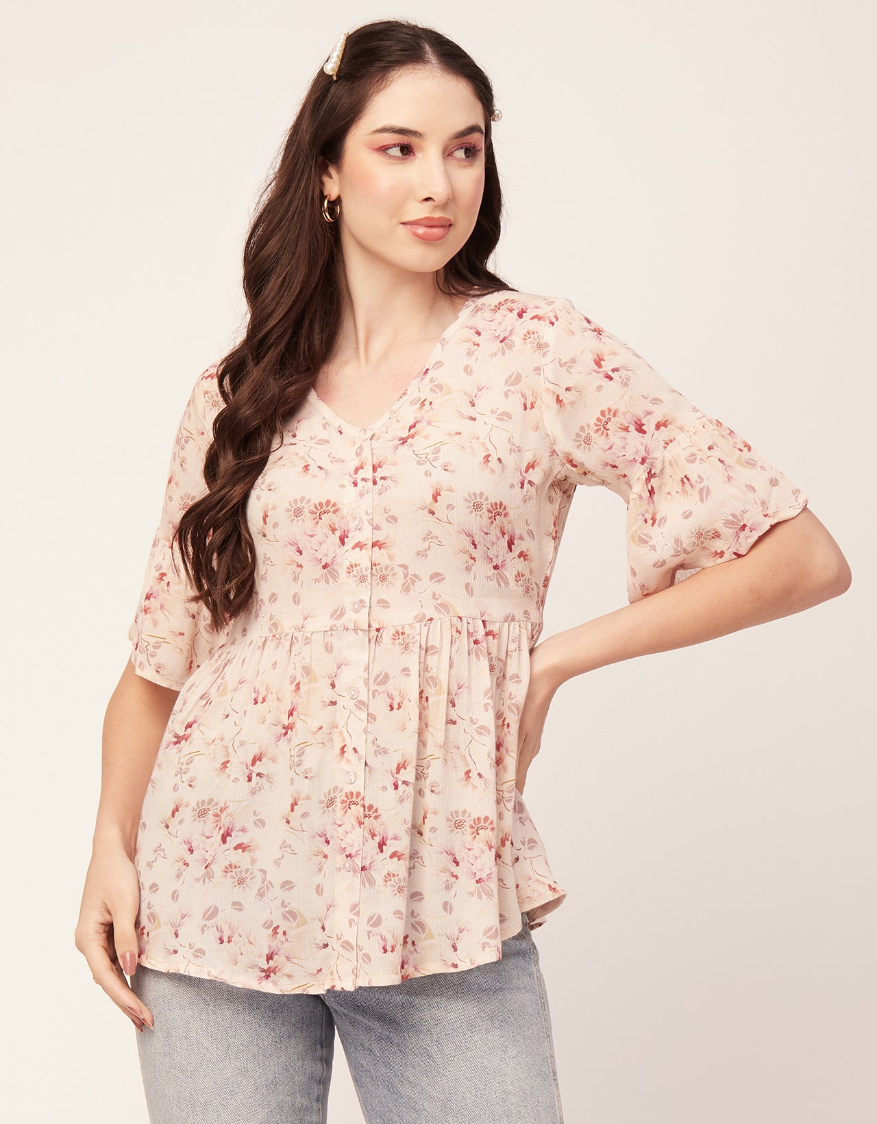 Printed V Neck Flutter T