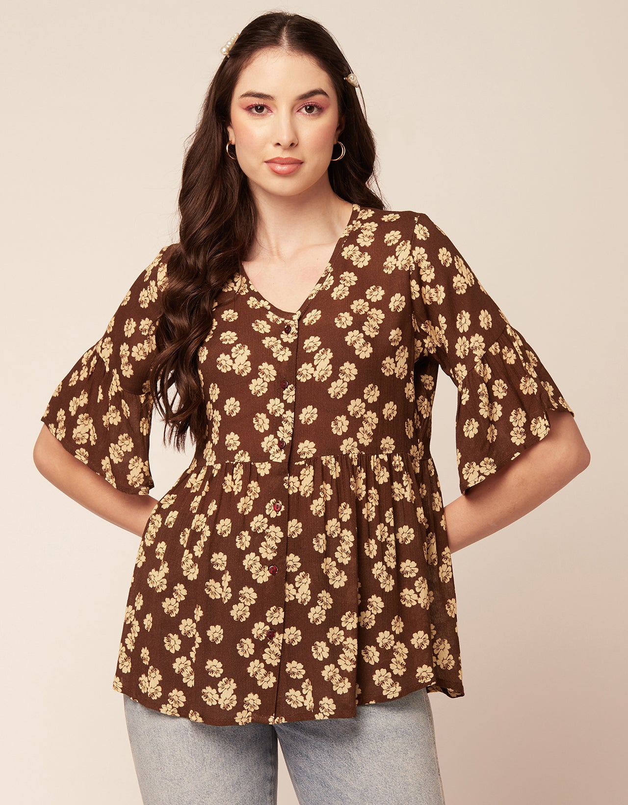 Printed V Neck Flutter T