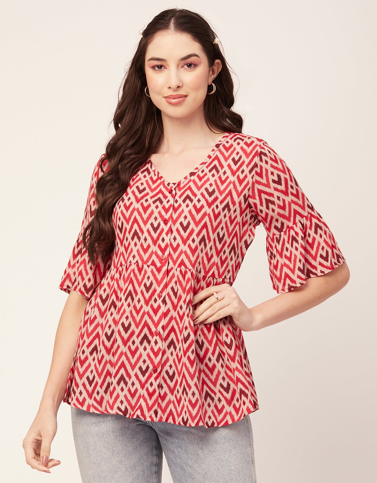 Printed V Neck Flutter T